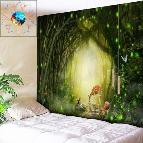 Romantic Psychedelic Forest Tapestry Tree Hole Elk Decorative Wall Hanging Bohemian Hippie Wall Tapestry Mandala Wallpaper Art