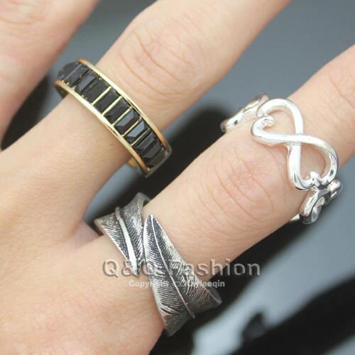 Chic Pack of 3 Silver Plated Leaf Feather Infinity Heart Crystal Stack Band Ring Jewelry New