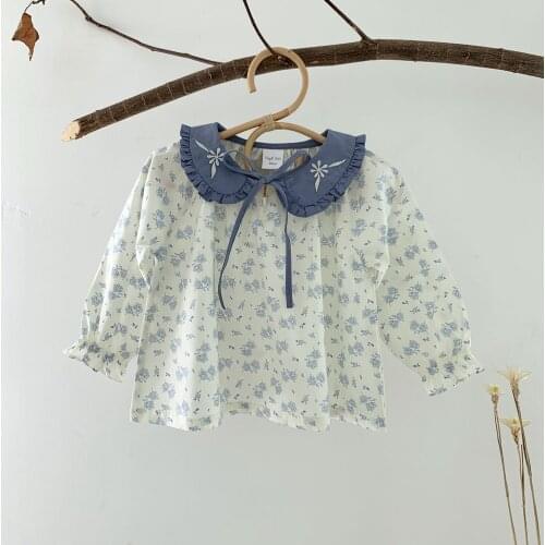 Vintage Flower Embroidery Lace Collar Shirt for Girls Clothes Spring Fall Cotton Kids Long Sleeve Blouse for Toddler Tops Child