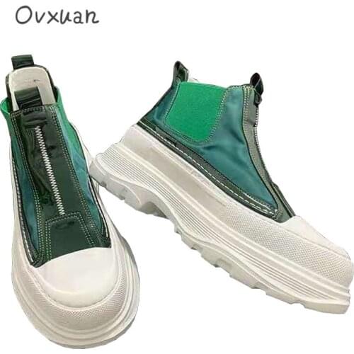 OVXUAN Vintage Martin Boots Men Thick Rubber Sole Slip On Height Increased Platform Shoes Flats Zapatillas Hombre Ankle Botas