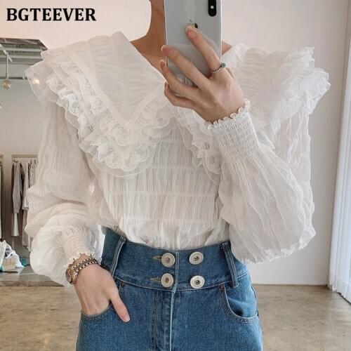 BGTEEVER Vintage Peter Pan Collar Women Shirts Tops 2021 Casual Full Sleeve Female White Blouses Spring Ruched Ladies Tops