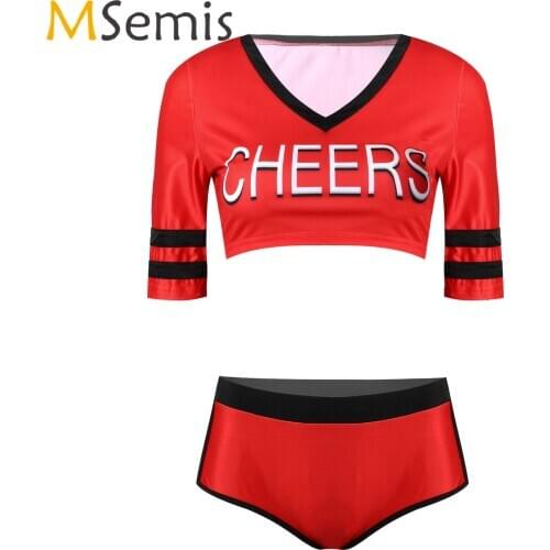 Womens Cheerleader Costume Suit Letter Print V Neck Crop Top with Briefs Panties for Halloween Fancy Dress Party Lingerie Night
