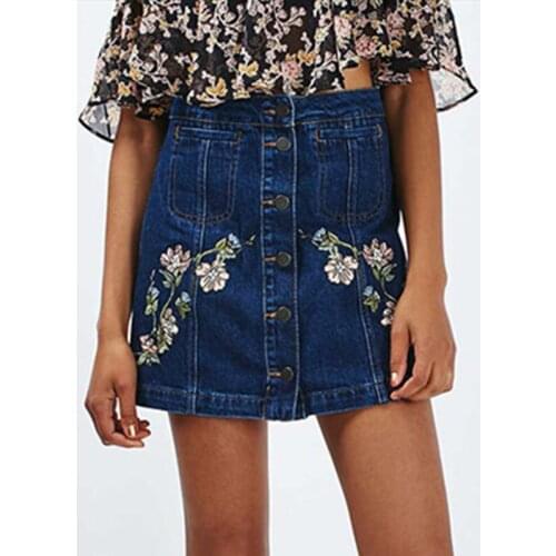 LOGAMI Embroidery Denim Skirt Women High Waisted Mini A Line Button Skirts Womens Summer Short Skirt