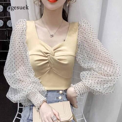 Sexy See Through Square Collar Slim Blouse Fashion Polka Dot Mesh Long Sleeve Womens Shirts Women Autumn Lace Women Tops 12075