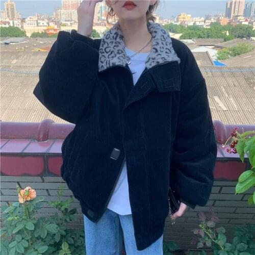 Winter Leopard Patchwork Women Zipper Coat Corduroy Warm Loose Jacket Casual Jacket Female Outwear Elegant Tops Vintage Coats