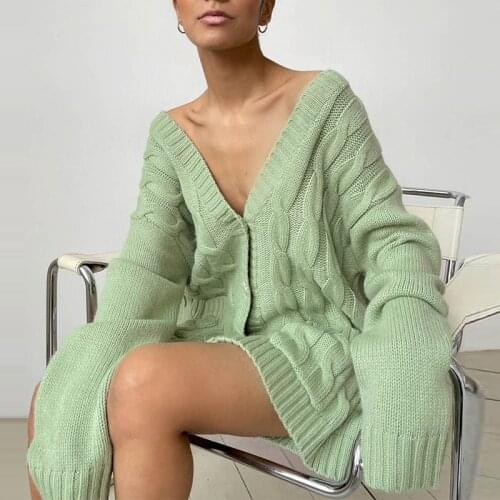 Womens Sweater Long Knitted Cardigan Oversize Twisted V-neck Heart Button Sweaters Female 2021 Autumn Lady Casual Cardigans