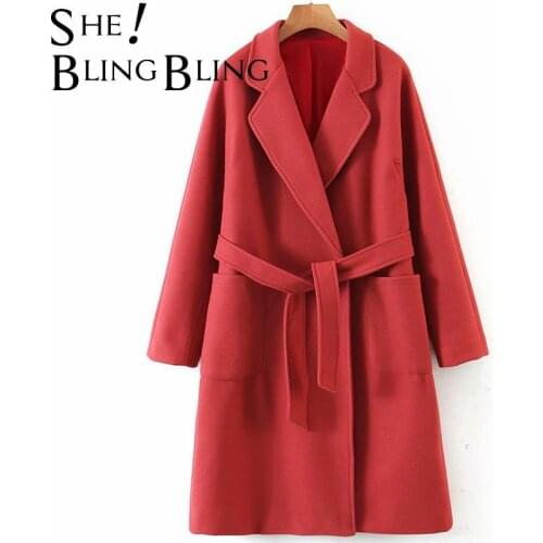 SheBlingBling Za Women 2021 Autumn Winter Raglan Sleeve Pocket Open Front Longline Trench Coats Female Belted Red Casual Jacket