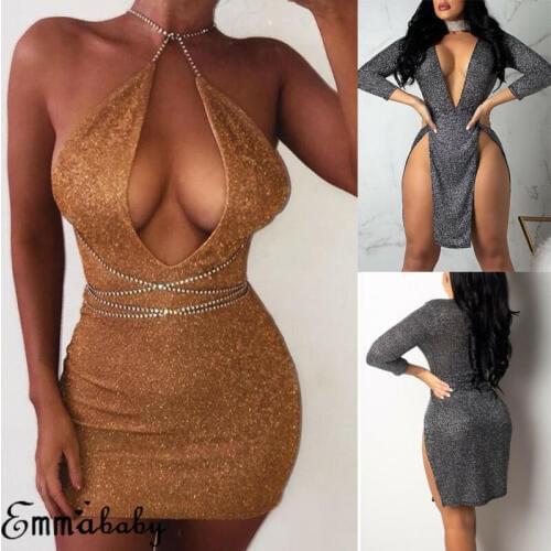 Womens V Neck Sleeveless Sequins Sexy Bodycon Clubwear Party Mini Dress Fashion Lady Bikini Cover Up Beachwear