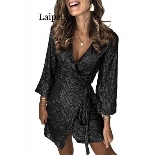 Sexy V-Neck Sequin Wrap Bodycon Dress Women Autumn Long Sleeve Glitter Mini Dress Gold Elegant Bandage Slim Party Dress Vestidos