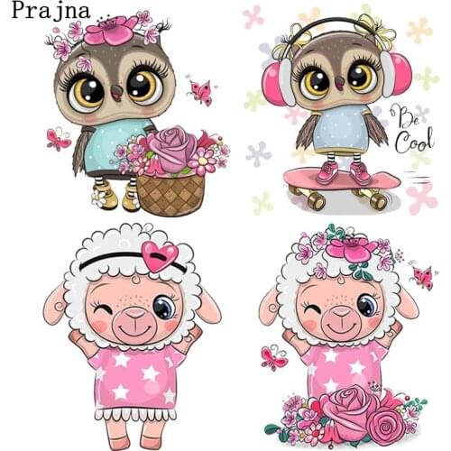 Prajna Cartoon Anime Applique Iron-On Transfers For Clothing Stickers Cute Owl SheepThermal Heat Transfer For Kids Clothes Print