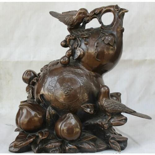 Bi001471 13" Chinese Fengshui Folk Bronze Bird Peach Fu Bottle Gourd cucurbit calabash