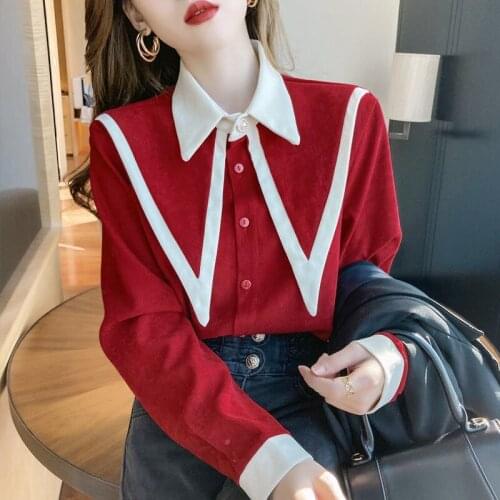 Blouse Women Shirt 2021 Spring Clothing Top Women Corduroy Red Female Blusas Mujer De Moda