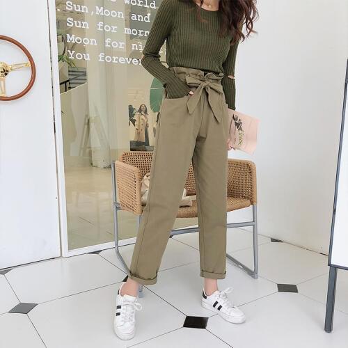 Autumn New Womens High Waist Capris Casual Elastic Long Loose Pants Ladies Paper Bag Cargo Pants Fashion Plus Size