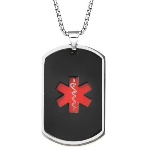 Black Medical Alert ID Unisex Pendant Necklace Emergency Stainless Steel Jewelry 24" Link Chain Free Engraving