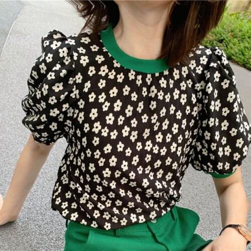 GGRIGHT Summer Cotton Vintage Short Sleeve Women Floral French Tees Shirts Female Fashion T-shirts 2021 O-Neck Korea Tops Green