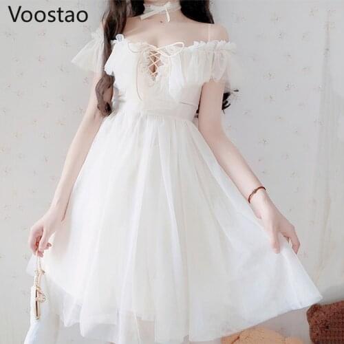 Sweet Lolita Style Princess Slip Dress Women Elegant Off Shoulder Bandage Fairy Mesh Mini Dress Female Sexy Beach Straps Dresses