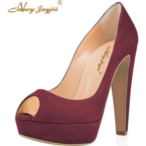Fashion Summer Autumn Dark Red Soft Suede Shoes Peep Toe Platform High Chunky Heel 15cm Dress Party Pumps Shoes Women Size 4-16
