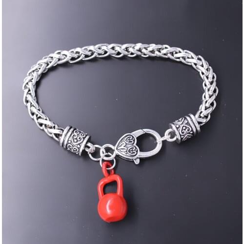 Fashion Red Kettle Bells Pendant Wheat Chain Big Lobster Claw Bracelets For Fitness Sport Gym Bodybuilding Men Or Women