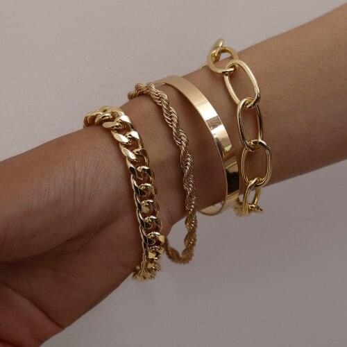 PuRui 4pcs Punk Curb Cuban Chain Bracelets Set for Women Miami Boho Thick Gold Color Charm Bracelets Bangles Fashion Jewelry