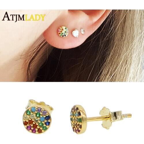 New 100% 925 Sterling Silver Minimalist Cz Stud Earring For Lover Delicate Dainty Rainbow Colors Earings Women Jewelry