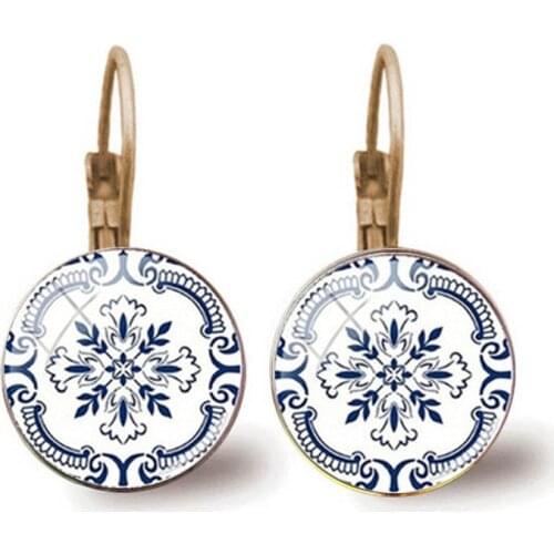 Portugal Tile Graphic Earrings Mandala Portuguese Flower Earrings For Female Girls Birthday Gifts Temperament Jewelry
