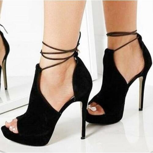 Drop Shipping Girls Black Brown Peep Toe Cross Lace Up Thin Heels Simple Platform Casual Sweet High Heels Sandals Big Size 47