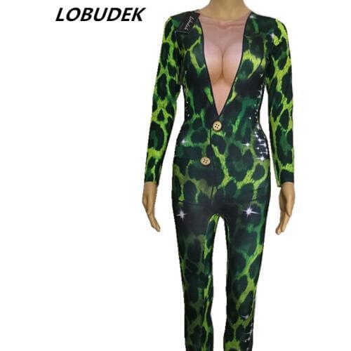 Sexy female costumes green jumpsuit Bar nightclub DS green Bright Rompers Singer dancer performance show outfit prom party