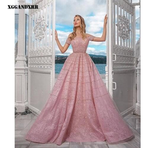 Gorgeous A-Line Prom Dress 2022 Lace Beading Sequined Long Skirt Pink Short Sleeves Evening Sweep Train Plus Size Dresses