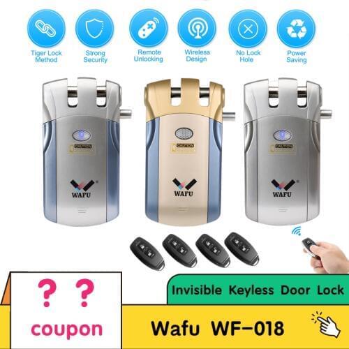 Wafu WF-018 Smart Lock Wireless Remote Control Lock Security Invisible Keyless Door Lock Zinc Alloy Metal with 4 Remote Keys