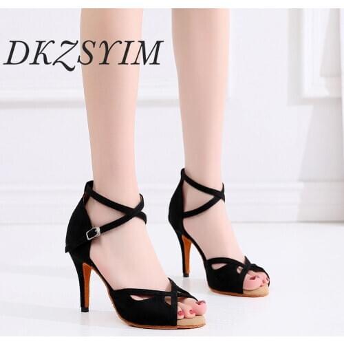 DKZSYIM Dance Women Latin Shoes Black Ladies Ballroom Salsa Dance Shoes High Heels 6-10CM Stretch Samba Tango Dance Shoes 2020