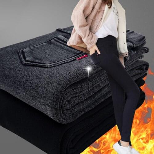 Women Skinny Elastic Denim Pancil Pants Female Trousers Thicken Black Jeans Plus Velvet Insulated Pants Winter Warm Jeans