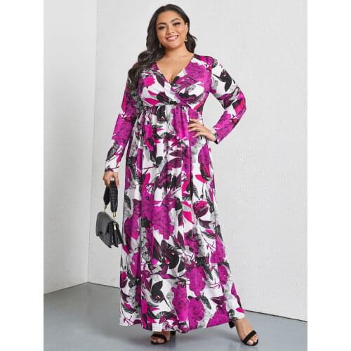 L To 5XL Plus Size Dress Big Floral Print V-Neck High Waist Long Sleeve Long Maxi Dresses for Women Robes T60081