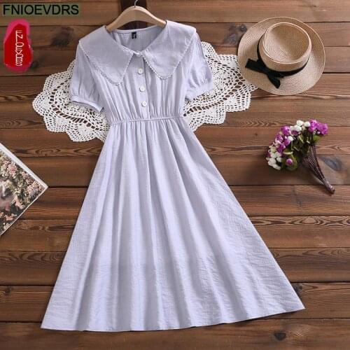 2021 Women Japanese Style Sweet Girls Casual Peter Pan Collar Solid Retro Vintage Cute Dress