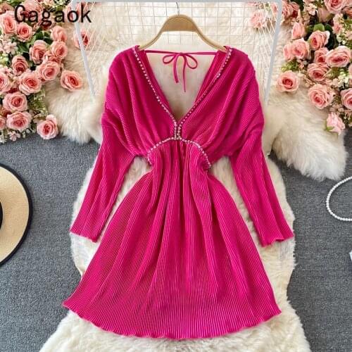 Gagaok Vintage Dress Women 2021 Spring Autumn New V-Neck Batwing Sleeve Diamonds Mini Dresses French Elegant Fashion Vestidos