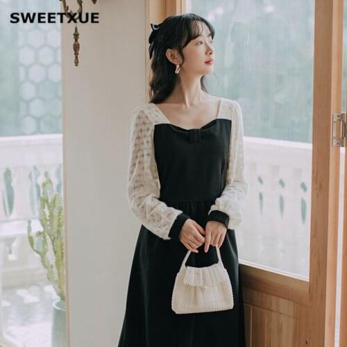 SWEETXUE Hot Sale 2021 Women Spring Fall Vintage Midi Lovely Square Collar Long-Sleeved Dress Female