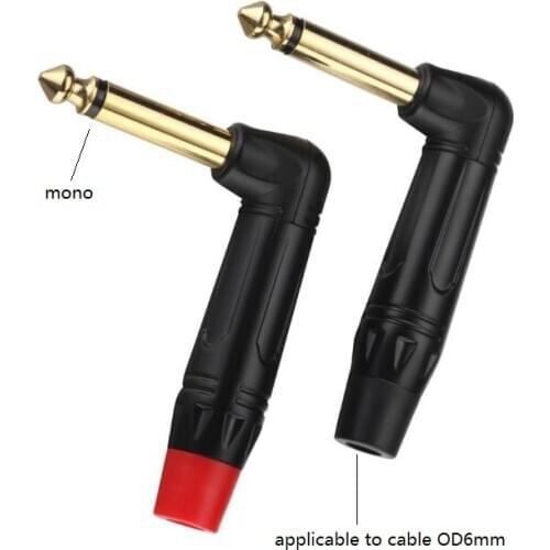 2pcs/lot Metal Right Angle 6.35 2Pole Mono Plug 6.35mm Audio Connector