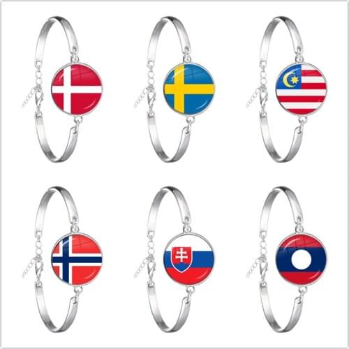 Malaysia, Laos, Denmark, Norway, Sweden, Slovakia National Flag Bangle 18mm Glass Cabochon Chain Bracelet For Women Men Gift