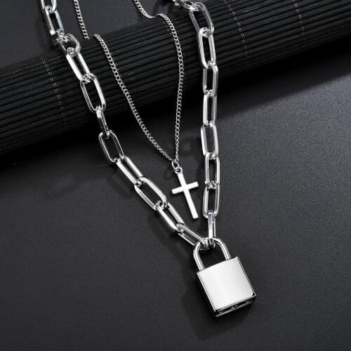Hip Hop Jewelry Square Lock Punk Necklace Padlock Chains Cross Chain Multilayer
