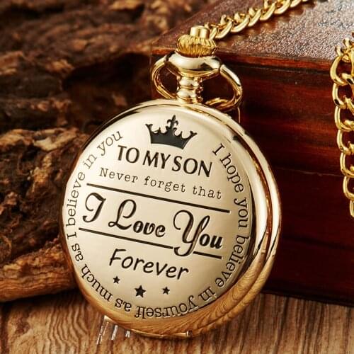 Quartz Pocket Watches Mens To My Son I Love You Golden Clock For Kids Child Pocket Watch Necklace Chain Childrens Day Gifts