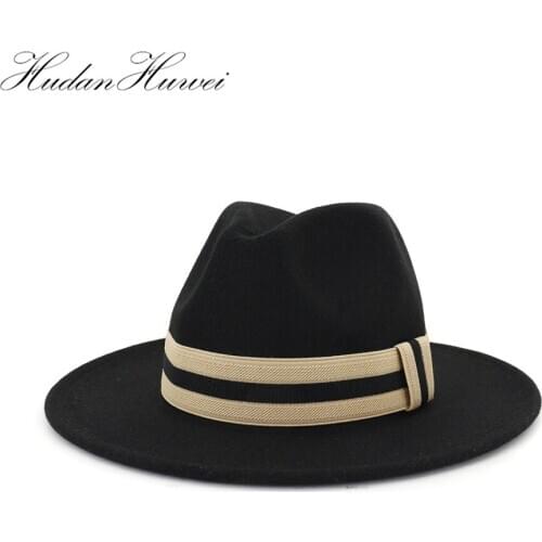 European US Fashion Felt Jazz Hat Women Men Wide Brim Fedora Hats Gentleman Panama Trilby Cap Casual Unisex Gambler Hat