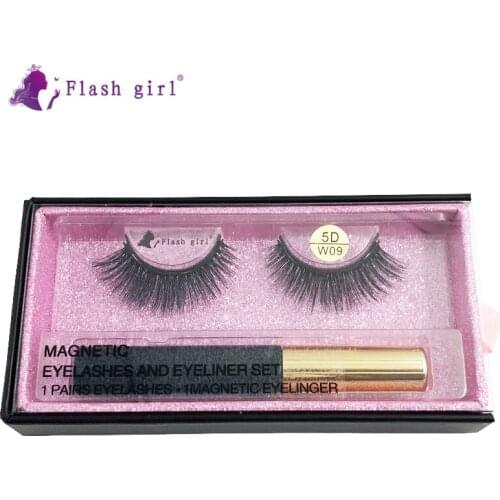 Flash Girl 1 Pair Eye Lashes In Bulk W09 Natural 5D Mink False Eyelash Magnetic Eyelashes With Liquid Eyeliner Makeup Tools