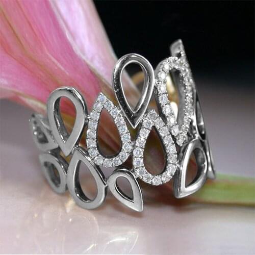 JK Fashion Hollow Out Water Drop Linked Women Finger Ring Silver Color CZ Stylish Versatile Female Party Daily Wear Ring