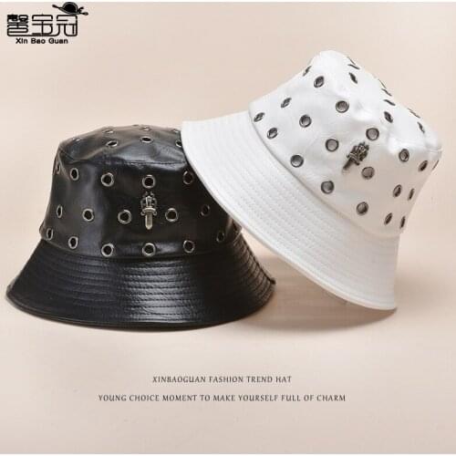 Fishermans hat leather female autumn winter hat leather retro fashion punk mens basin hat rivet hole fashion