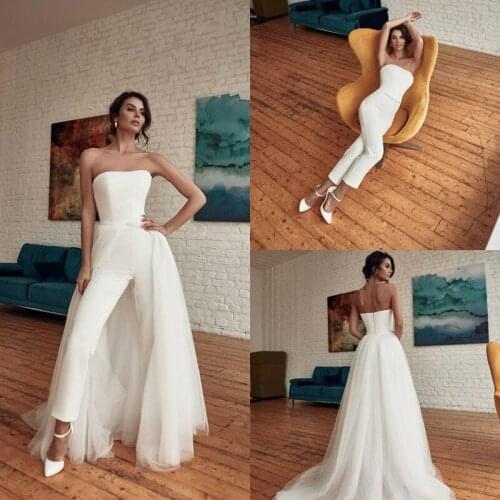 Strapless Wedding Dresses Jumpsuit with Detachable Train 2021 Summer Holiday Beach Bohemian Bride Dress with Pant Suit