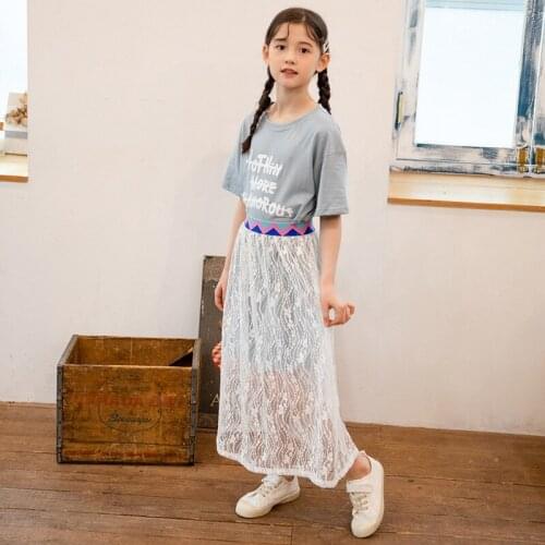 Korean Girls Skirts Clothes Sets 8 10 years 2021 Summer Long T shirt with Lace Skirts 2 pieces Casual Sweet Suits