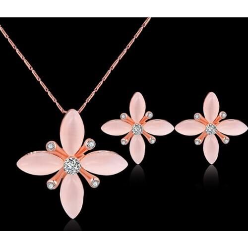 KPOP Fashion Flower Earrings Necklace Set Female Crystal Pendant Simple Luxury Wedding Banquet Cost-effective All-match Gift