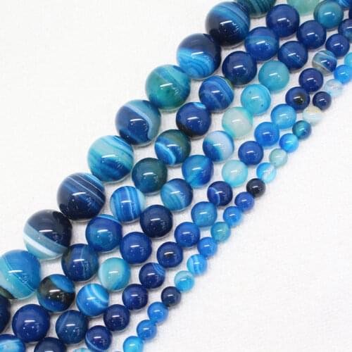 4mm,6-14mm Smooth Blue stripe streak Agates Round Stone Loose Beads 15"