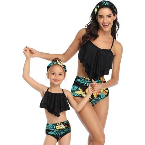 2021 Girls Swimwear Women High Waist Tankini Kids Swimsuit Print Swimming Suit Parent-child Bathing Suit Ruffle Two-piece Suits