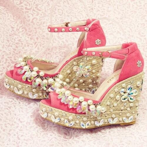 Summer Rhinestone Pearl Straw Frosted Fish Mouth Slope High Heel Sandals Waterproof Platform Banquet Dress All-match Womens Shoe