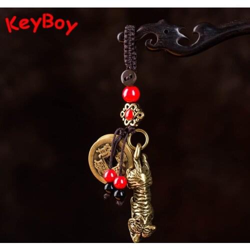 Copper 12 Zodiac Tiger Car Keychain Pendant Retro Brass Bag Hanging Keyrings Rope Lanyard Vintage Men Animal Key Ring Gifts